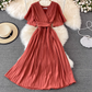 2025 new V-neck short-sleeved dress slim fit temperament waist tie big swing pleated long skirt R0345