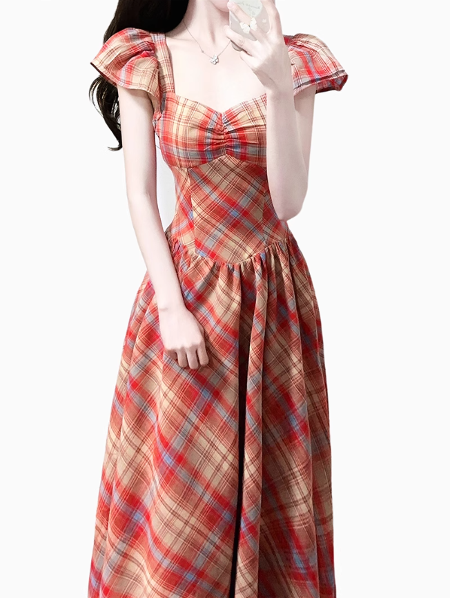 2025 Summer New Red Plaid French Retro Square Neck Temperament Short Sleeve Dress R0973