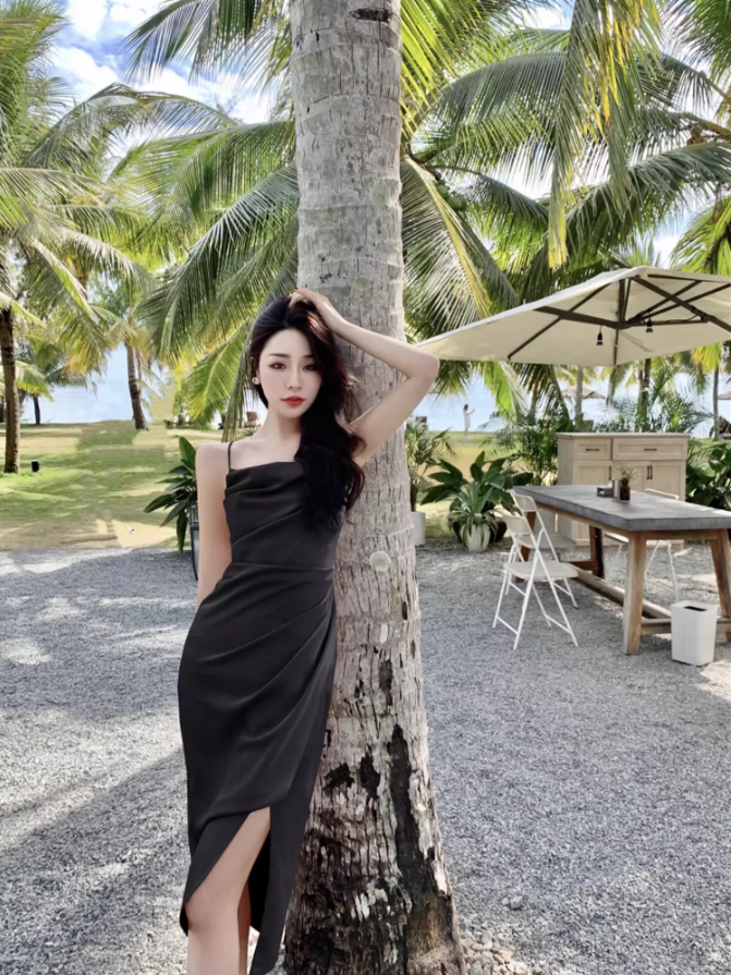 Burgundy Temperament Pleated Suspender Dress Satin Slim Irregular Inner Skirt R1428