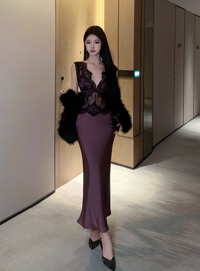 Sexy satin lace deep V-neck dress French sexy evening dress high-end R1619