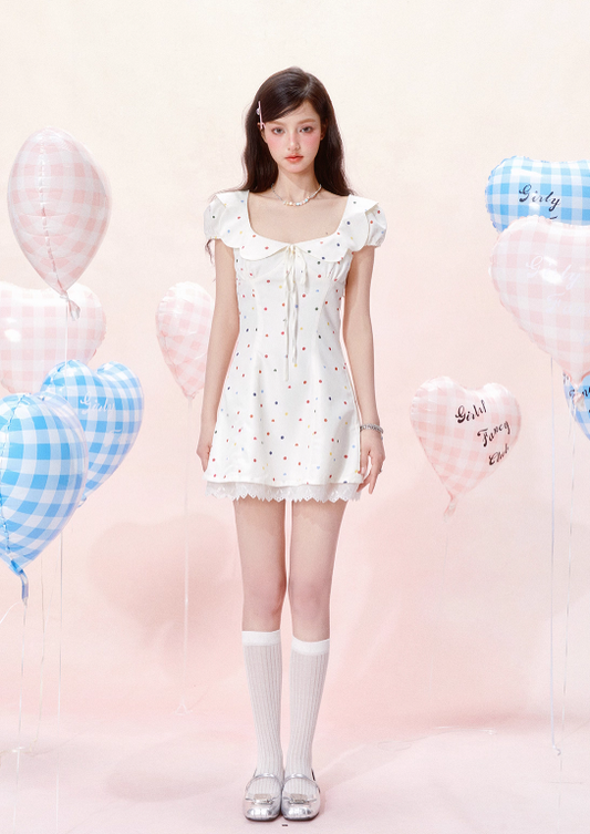Petal Neck Waist Short Sleeve Cotton Printed Polka Dot Dress R5255