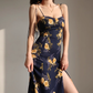 French retro orange floral suspender dress with slim waist and side slit long skirt R2815