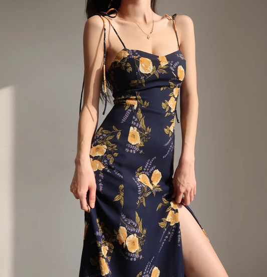 French retro orange floral suspender dress with slim waist and side slit long skirt R2815