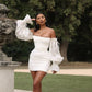 White off-shoulder puff sleeves fishbone hip sexy dress homecoming dress R2414