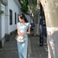 Light blue irregular dress summer new style generous and decent temperament slim long skirt R4220