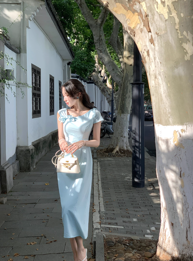 Light blue irregular dress summer new style generous and decent temperament slim long skirt R4220