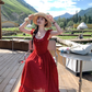 Red polka dot lace cinched waist small flying sleeve dress for women's summer French dress R4784