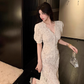 French beige exquisite diamond-studded elegant lace Chanel style long dress R4078