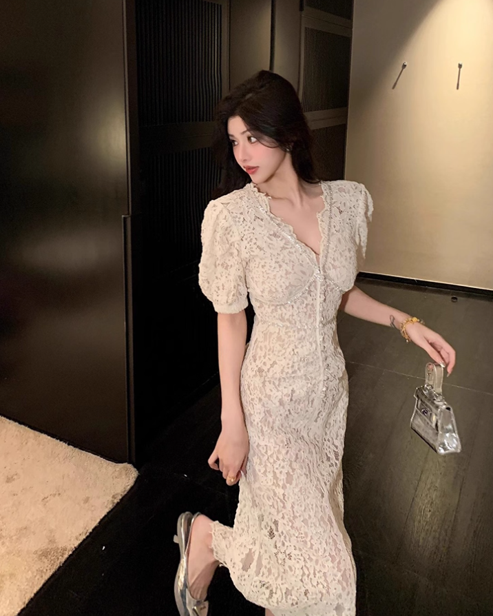 French beige exquisite diamond-studded elegant lace Chanel style long dress R4078