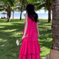Seaside holiday style rose red white sleeveless dress high-grade layered pleated skirt R1582