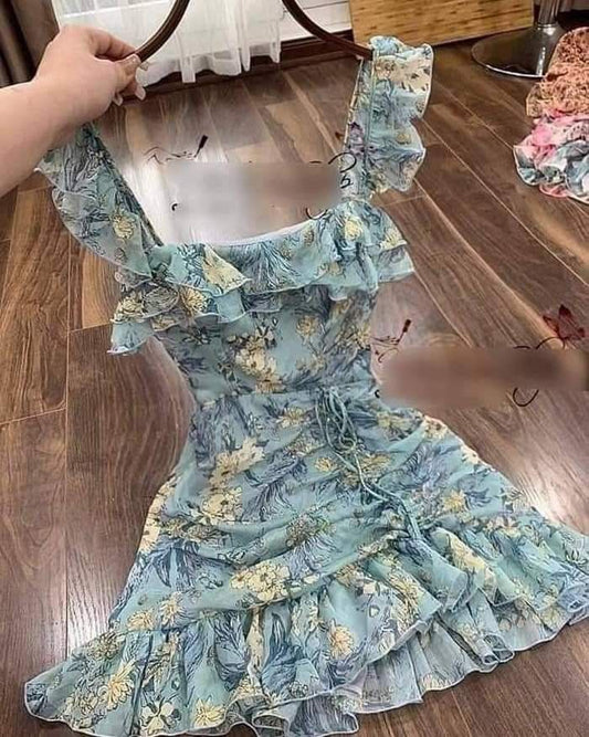 Gray blue retro floral waist slim short skirt homecoming dress R3120