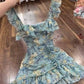Gray blue retro floral waist slim short skirt homecoming dress R3120