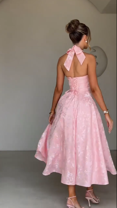 Pink suspender satin halter neck deep V sexy waist slim long skirt homecoming dress R3855