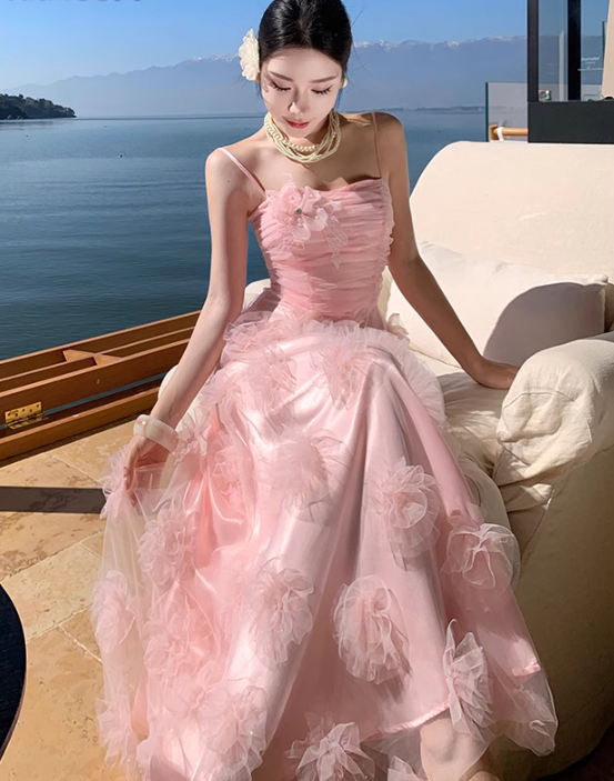 Pink flower suspender dress gentle temperament beautiful dress R0800