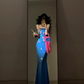 Retro blue floral dress sexy waist slim hip suspender skirt R0640
