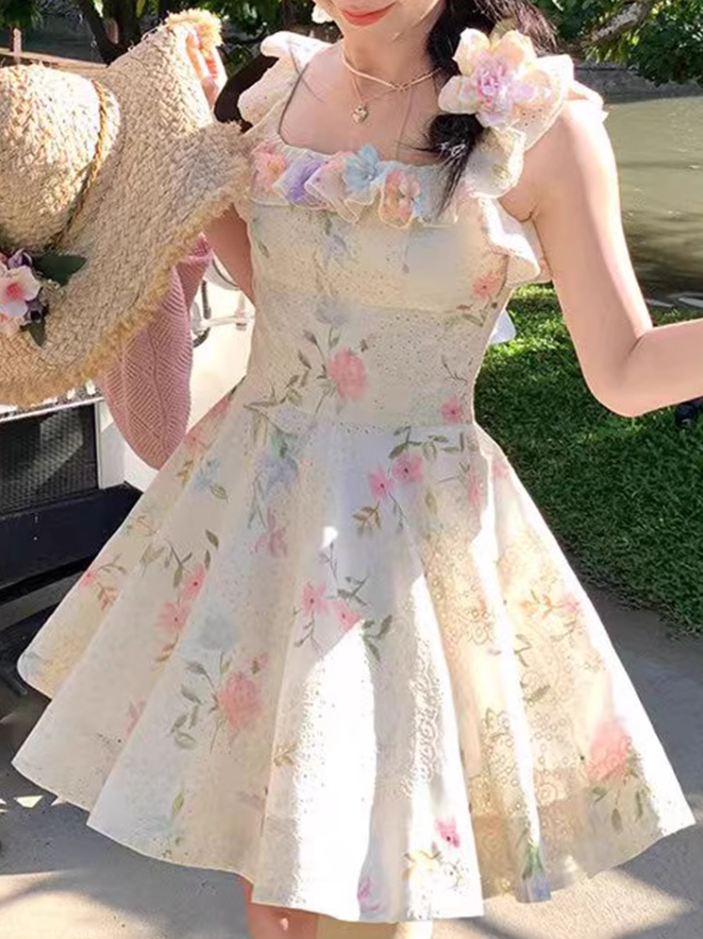 Pure desire slim three-dimensional flower dress 2025 sweet casual slim suspender skirt R1366