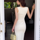 French square neck waist hip dress high waist sleeveless slim suspender dress slit long skirt R1433