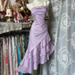 Champagne-colored strapless satin slim-waisted ruffled hem maxi ball gown R6180