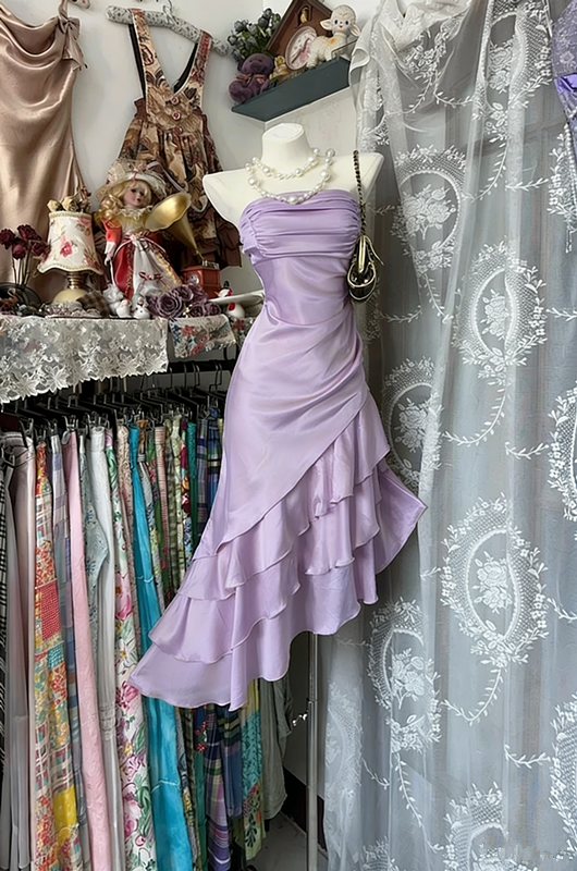 Champagne-colored strapless satin slim-waisted ruffled hem maxi ball gown R6180