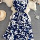 High-end, light luxury temperament flying sleeves V-neck waist slimming A-line ruffled printed dress R0353