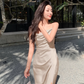 Burgundy Temperament Pleated Suspender Dress Satin Slim Irregular Inner Skirt R1428