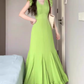 Retro green dress high-grade v-neck temperament step by step lotus fishtail skirt R0735