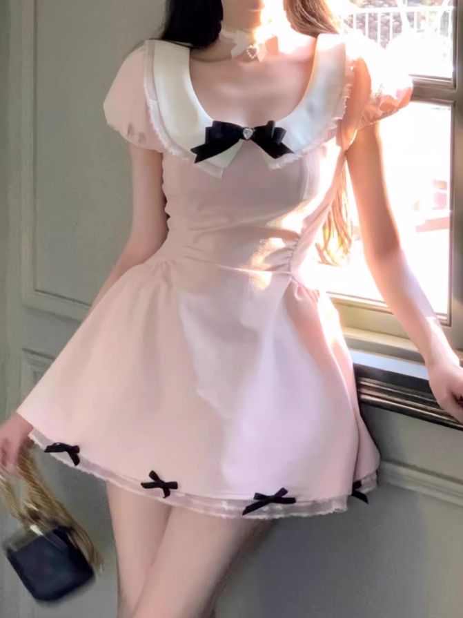 Sweet baby doll collar puff sleeve dress 2025 waist bow a-line princess dress R1192