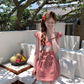 Pink mid-length square collar plaid waist suspender dress women's summer A-line skirt R4903