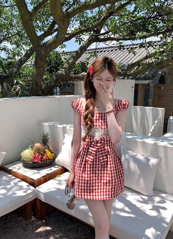 Pink mid-length square collar plaid waist suspender dress women's summer A-line skirt R4903