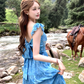 Long blue oil painting rose backless suspender dress for women summer French style skirt R4658