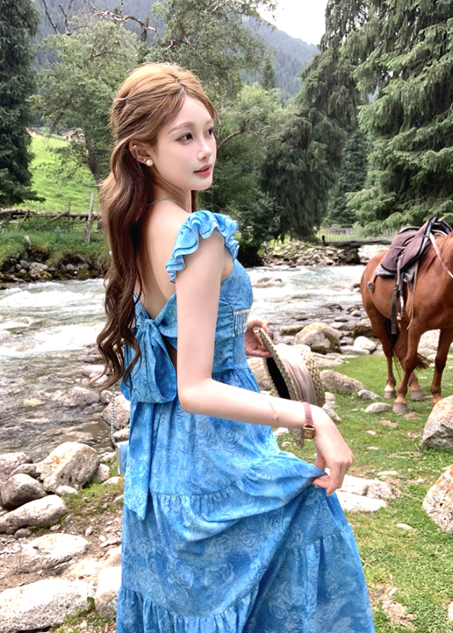Long blue oil painting rose backless suspender dress for women summer French style skirt R4658