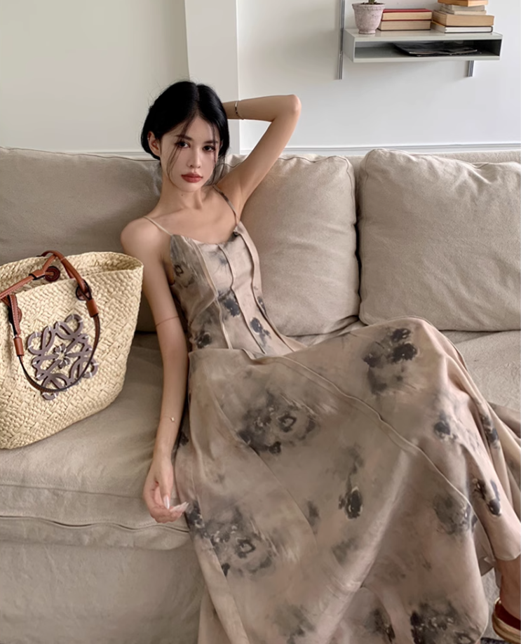 Fairy new Chinese style ink-dyed dress design backless holiday style suspender long dress R1724