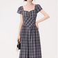French retro square collar plaid dress new style waist slim long skirt temperament high-end R2372