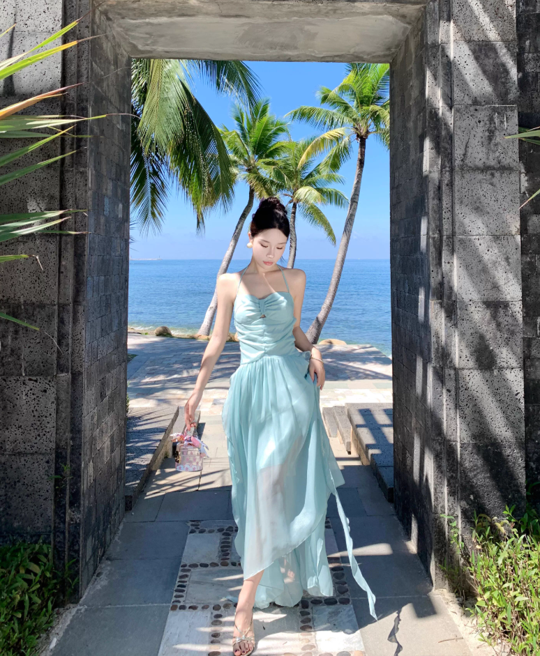 Travel wear fairy air backless dress seaside vacation dopamine green fairy long skirt R1594