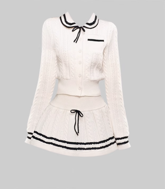 College style doll collar long-sleeved knitted cardigan 2025 contrast color A-line skirt suit R1292