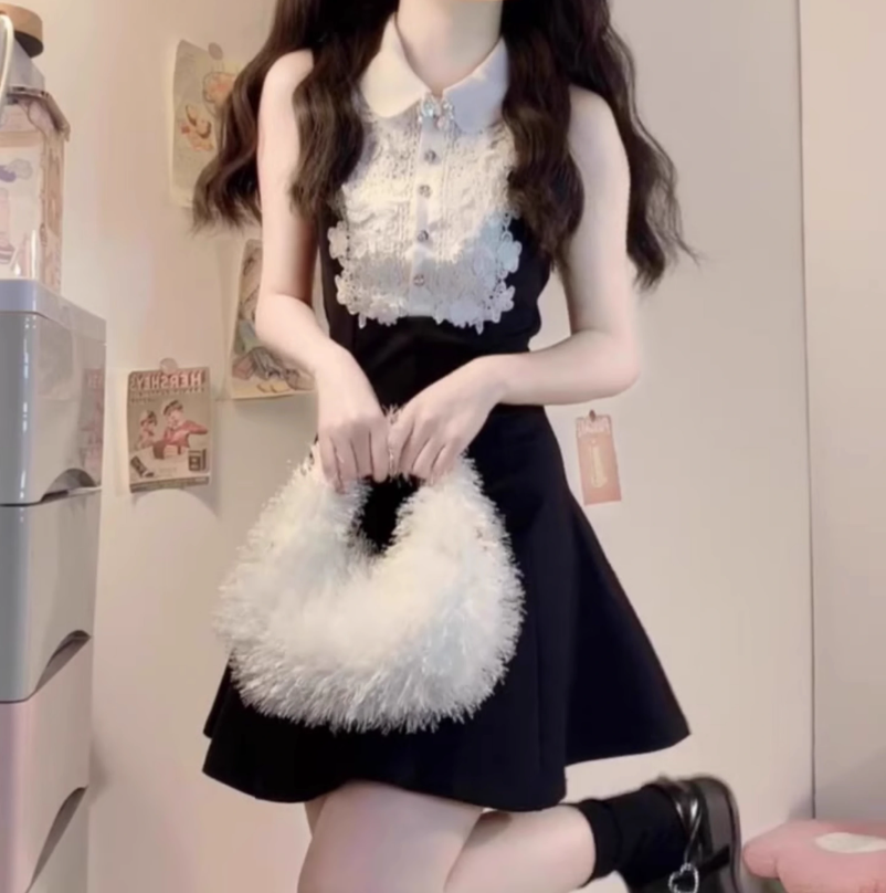 High-grade black sleeveless vest dress with lace waist and a-line tutu skirt R0755