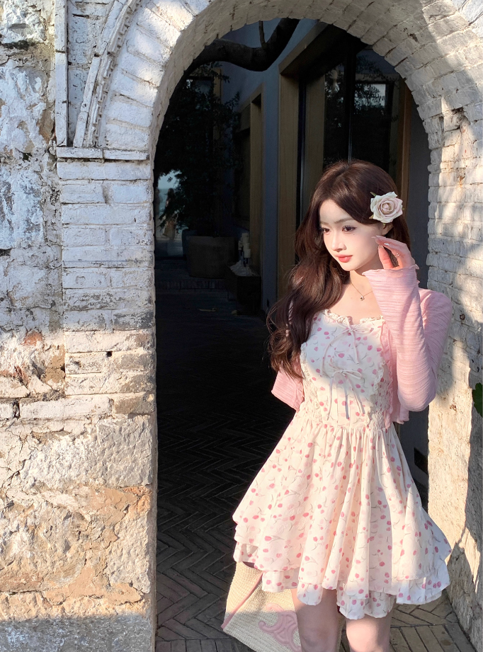 French floral dress women's summer pink sweet suspender short skirt R3834