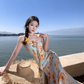 Retro floral suspender dress, beautiful temperament beach dress R0602