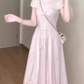 Gentle style pink baby collar dress floral waist A-line long skirt R0790