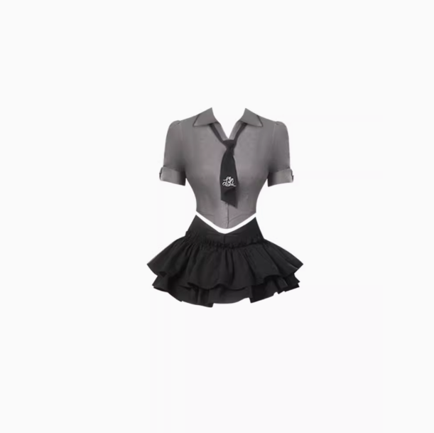 College style short waist shirt 2025 large size design puffy skirt suit R1030