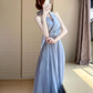 Blue V-neck halter dress for women French gentle temperament holiday style waist A-line long skirt R0427