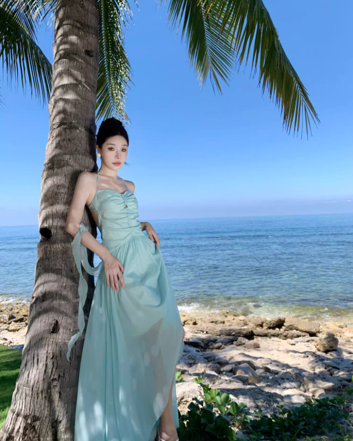 Travel wear fairy air backless dress seaside vacation dopamine green fairy long skirt R1594