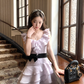 Purple waist round neck ruffled suspender dress women's summer skirt R4659