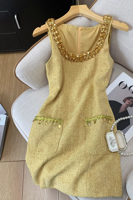 French style Chanel style vest dress new style waist slimming beaded temperament short skirt R3949