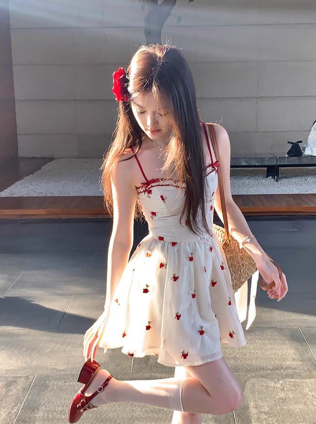 Red printed waist suspender dress summer slim a-line skirt French style petite skirt R4779