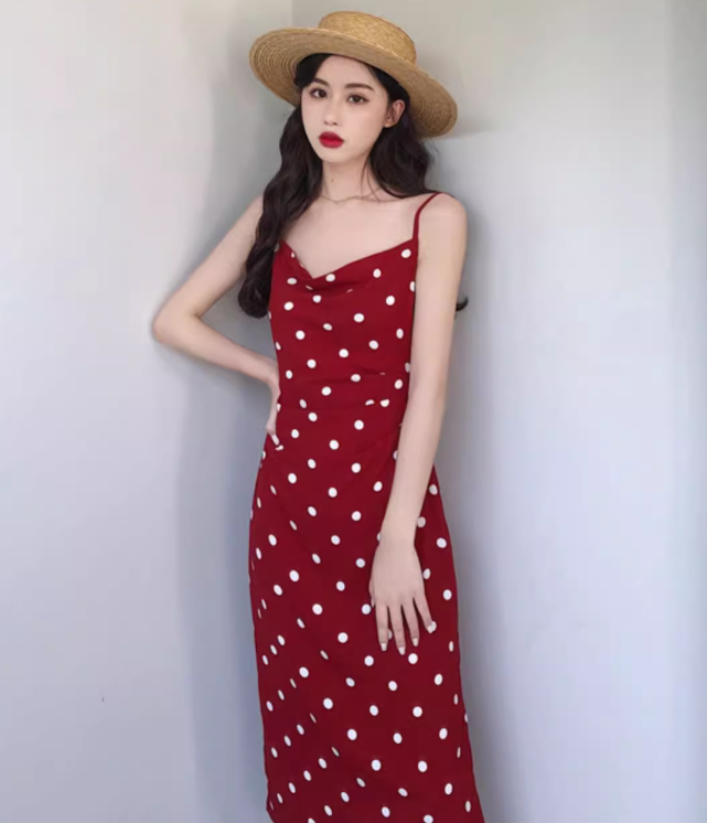 Retro mid-length polka dot dress French style holiday style sexy slim suspender skirt R1495