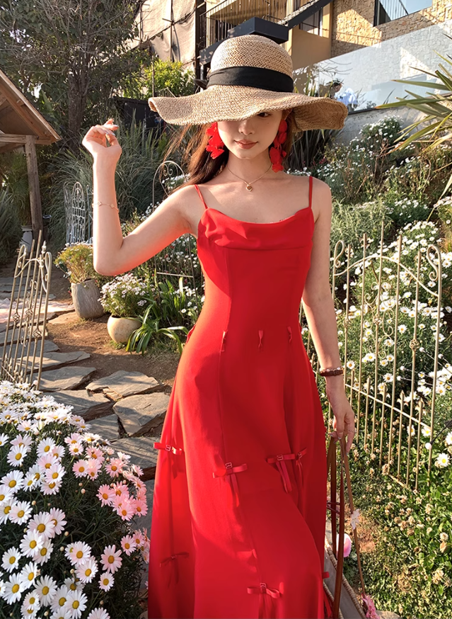 Red mid-length waist suspender dress summer retro temperament high-end skirt R4861