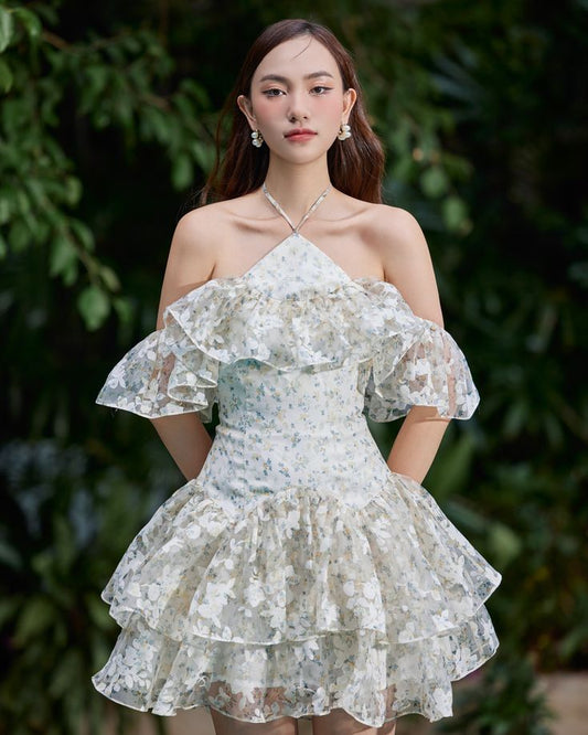 Blue and white floral halter neck design slim waist puffy skirt homecoming dress R2886