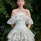 Blue and white floral halter neck design slim waist puffy skirt homecoming dress R2886