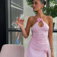 Pink halter neck slim waist sexy short skirt homecoming dress R3700